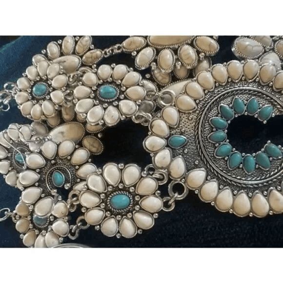 Silver Turquoise Western Squash Blossom Necklace & Earring Set - Picture 4 of 5